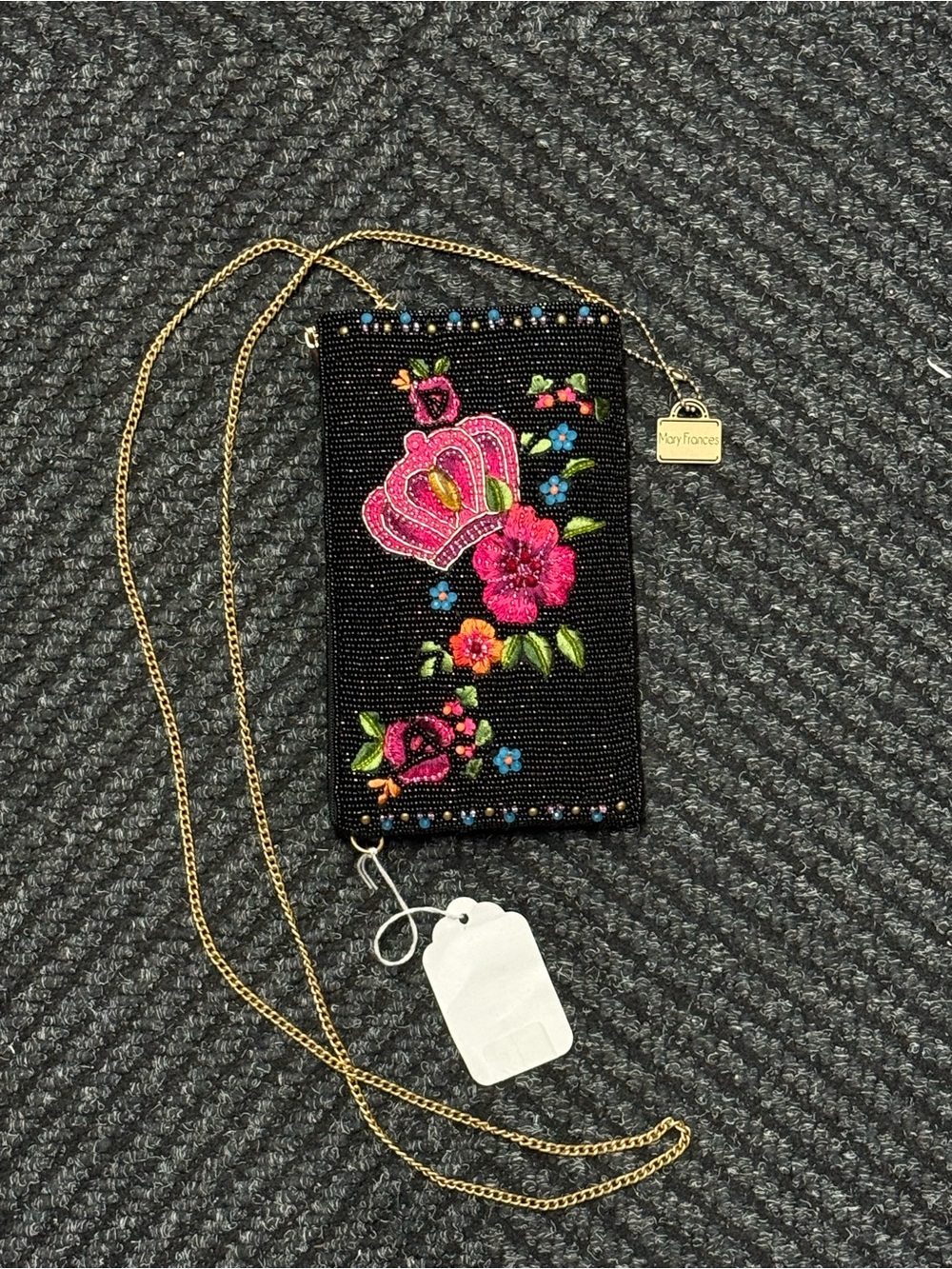 Mary Frances Black Beaded Floral Crossbody phone bag with Pink Embroidery